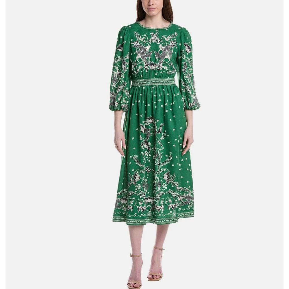Max Studio Womens S Green Puff Long Sleeve Linen Blend Maxi Dress Boho NWT
